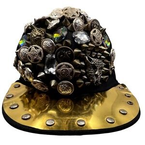 Statement Black Baseball‎ Cap with Spikes, Buttons, Rhinestones and Metal Bill